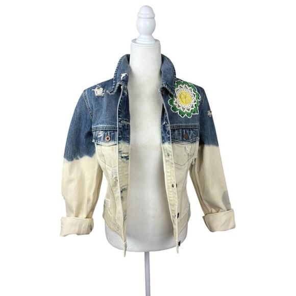 Gap Jacket Womens Size M Blue Ombre Crochet Boho Distressed Upcycled Trucker - Picture 11 of 14